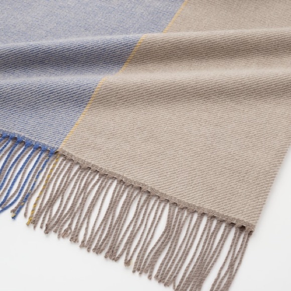 Color Block Two-Way Stole/Poncho Blue and Tan with Fringe One Size - Picture 8 of 8